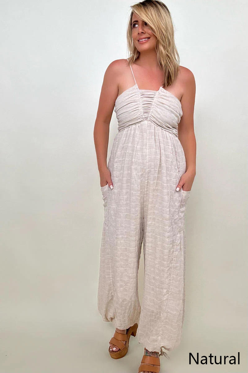 White Birch Sleeveless Halter Tie Back Woven Jumpsuit - Nueva Moda Boutique By Giselly