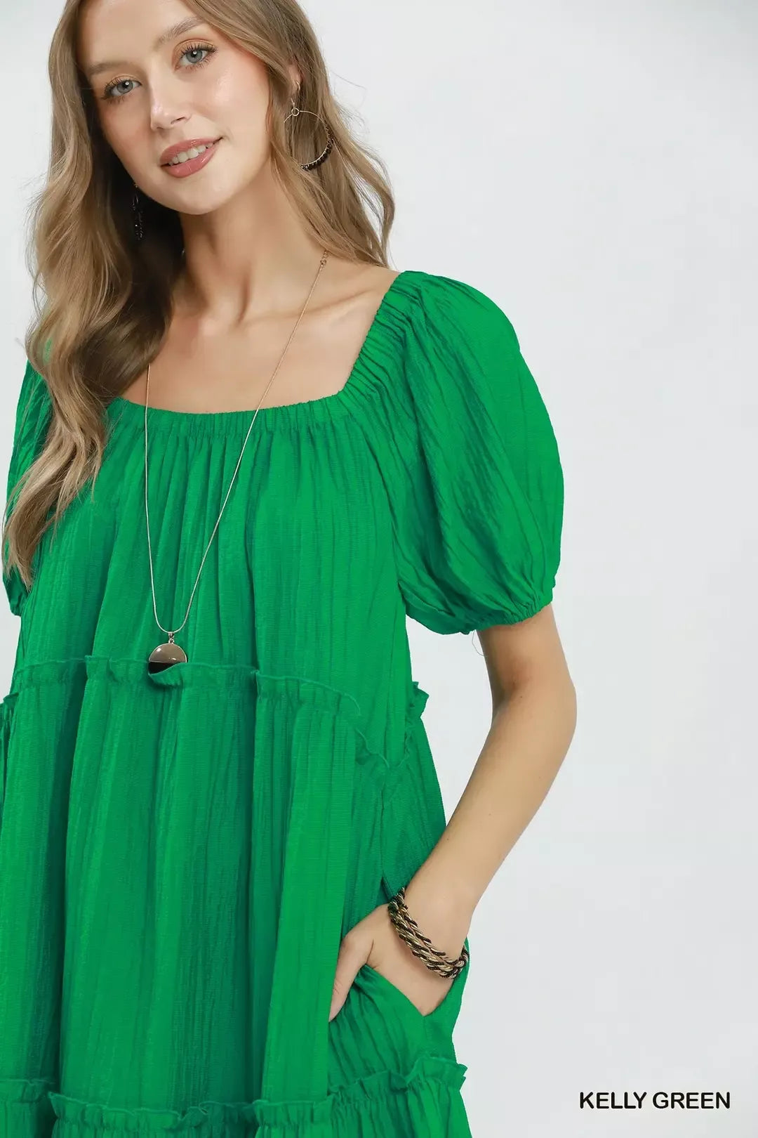 Umgee Textured Tiered Midi Dress KELLY GREEN / M