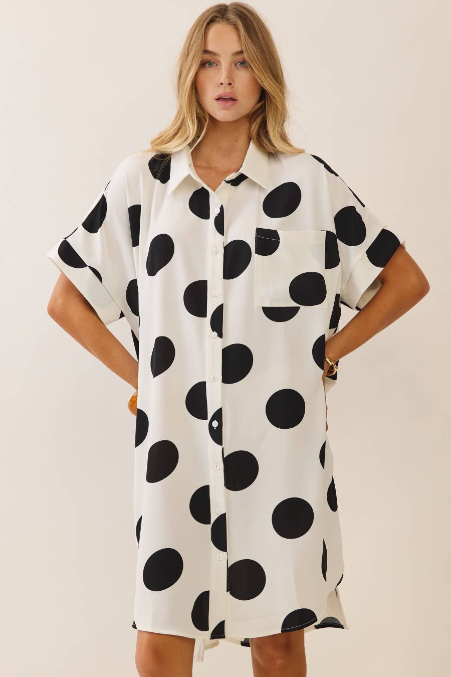 Oddi - Plus Short Sleeve Polka Dot Button-down Dress Shirt