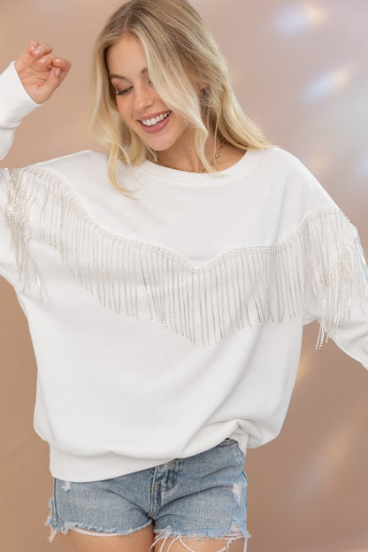 Rhinestone Fringe Pullover Top -  Nueva Moda Boutique By Giselly 