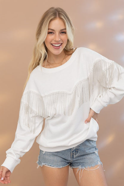 Rhinestone Fringe Pullover Top -  Nueva Moda Boutique By Giselly 
