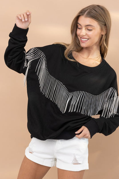 Rhinestone Fringe Pullover Top -  Nueva Moda Boutique By Giselly 