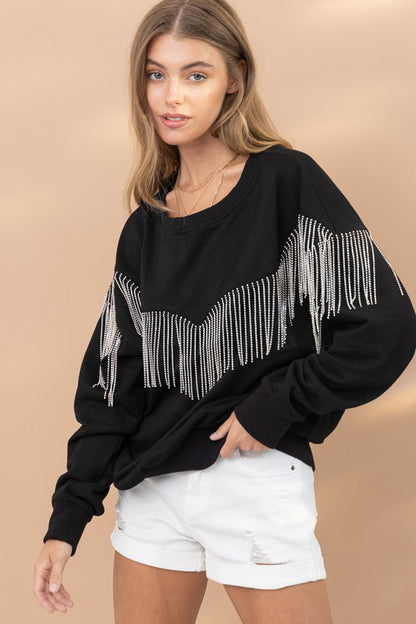 Rhinestone Fringe Pullover Top -  Nueva Moda Boutique By Giselly 