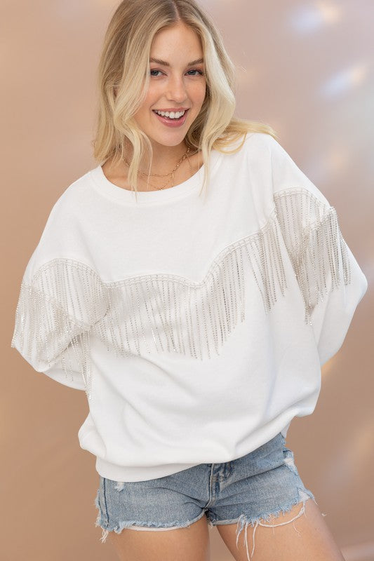 Rhinestone Fringe Pullover Top -  Nueva Moda Boutique By Giselly 
