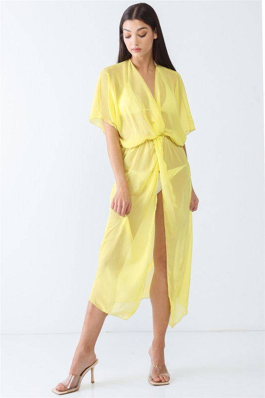 Mesh Twist V-Neck Front Slit Swim Cover Up -  Nueva Moda Boutique By Giselly 