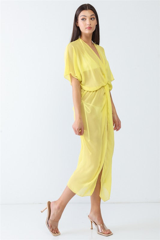 Mesh Twist V-Neck Front Slit Swim Cover Up -  Nueva Moda Boutique By Giselly 