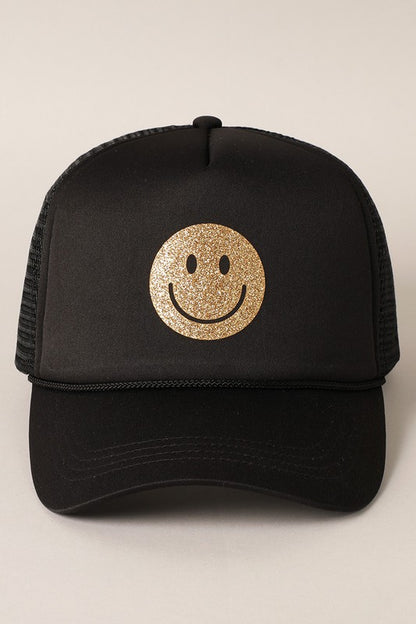 Gold Happy Face Foam Trucker Hat -  Nueva Moda Boutique By Giselly 