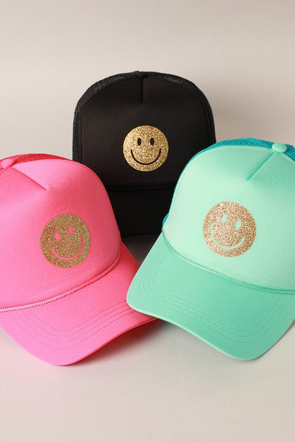 Gold Happy Face Foam Trucker Hat -  Nueva Moda Boutique By Giselly 