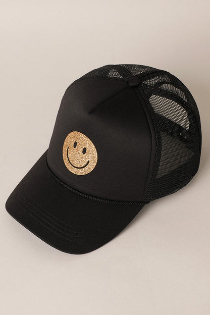 Gold Happy Face Foam Trucker Hat -  Nueva Moda Boutique By Giselly 
