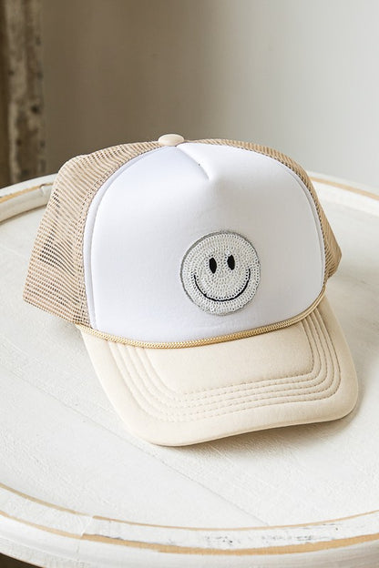 SUMMER SMILEY FACE PATCH TWO TONE TRUCKER HAT -  Nueva Moda Boutique By Giselly 