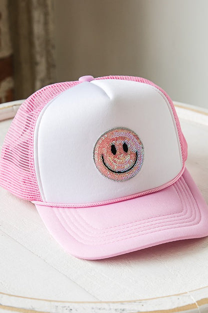 SUMMER SMILEY FACE PATCH TWO TONE TRUCKER HAT -  Nueva Moda Boutique By Giselly 