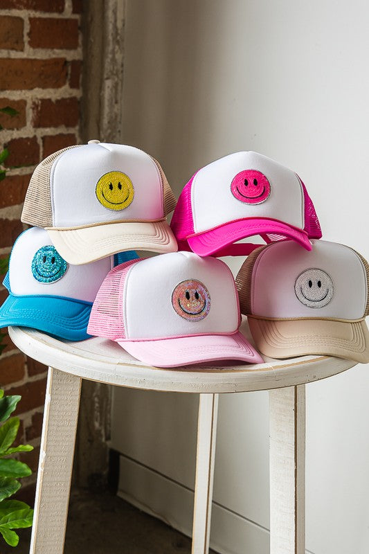 SUMMER SMILEY FACE PATCH TWO TONE TRUCKER HAT -  Nueva Moda Boutique By Giselly 