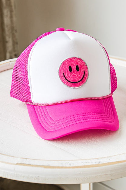 SUMMER SMILEY FACE PATCH TWO TONE TRUCKER HAT -  Nueva Moda Boutique By Giselly 
