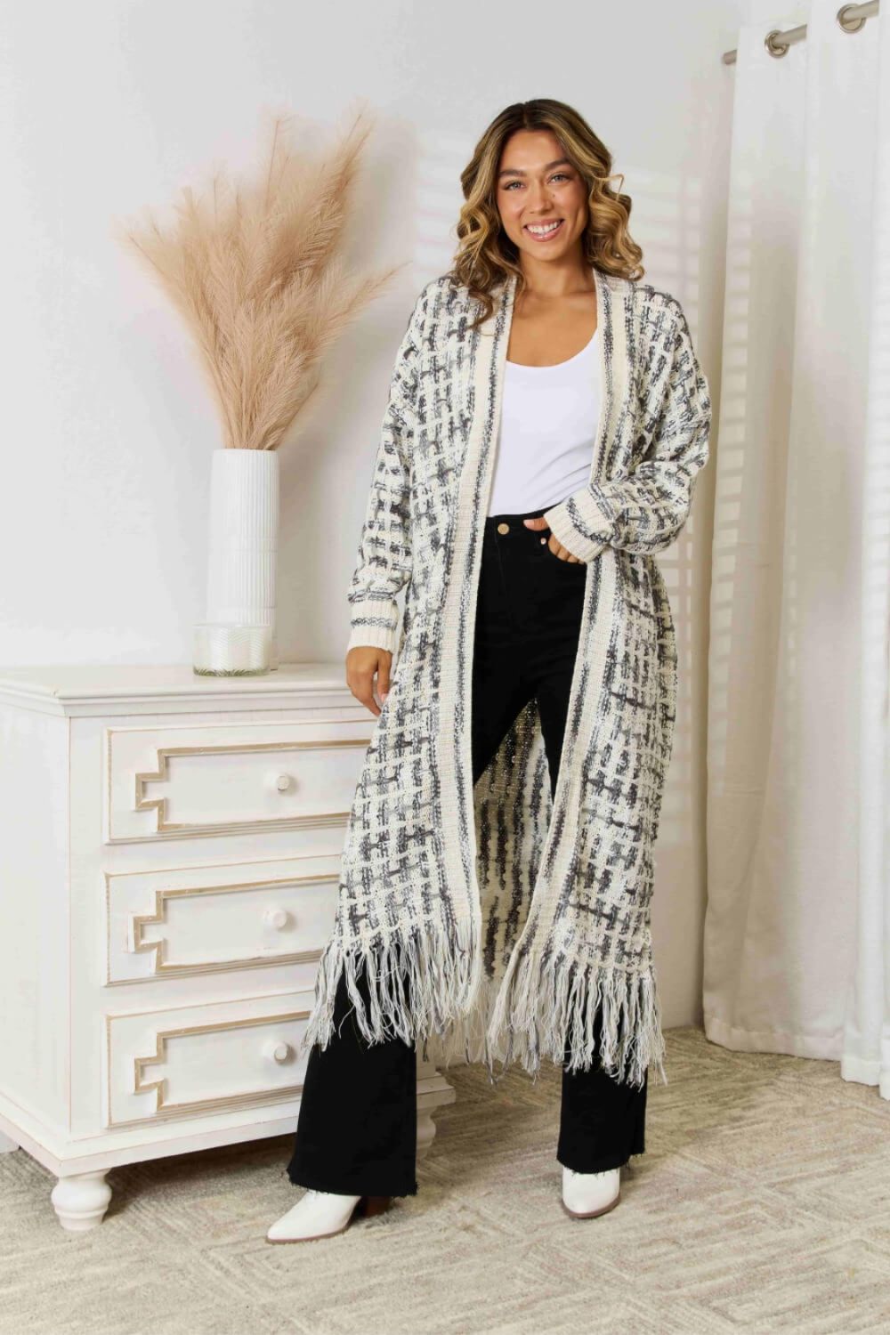 Multicolored Open Front Fringe Hem Cardigan -  Nueva Moda Boutique By Giselly 