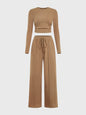 Round Neck Long Sleeve Top and Tied Pants Set