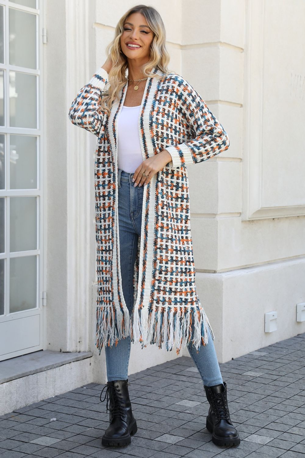 Multicolored Open Front Fringe Hem Cardigan -  Nueva Moda Boutique By Giselly 
