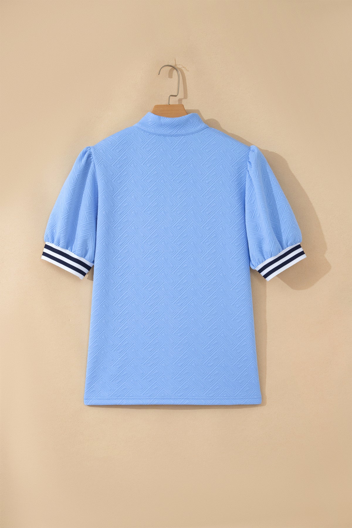 Myosotis Stylish Textured Stripe Trim Split Neck Puff Sleeve Top