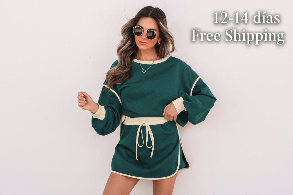 Evergreen Color Contrast Loose Pullover and Lace-up Waist Skort Set