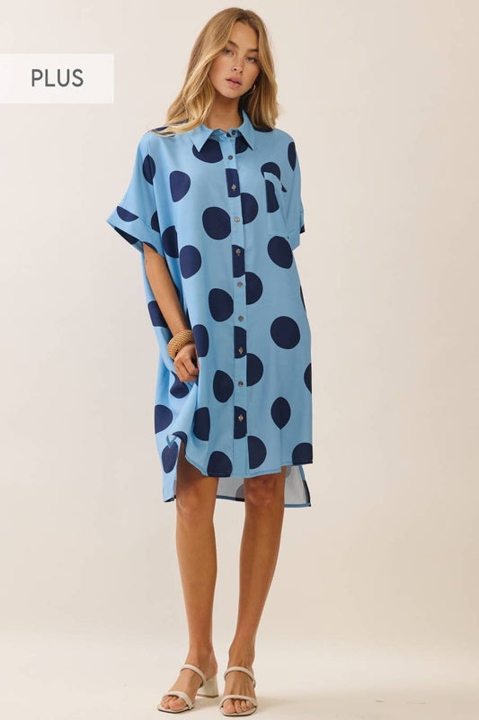 Oddi - Plus Short Sleeve Polka Dot Button-down Dress Shirt