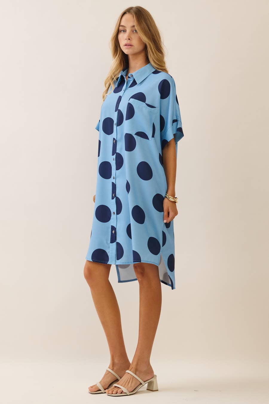 Oddi - Plus Short Sleeve Polka Dot Button-down Dress Shirt