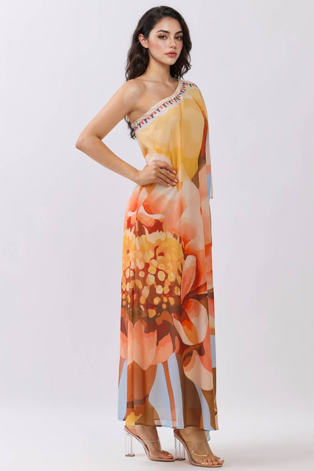 One-Shoulder Chiffon Maxi Dress with Draped Detail