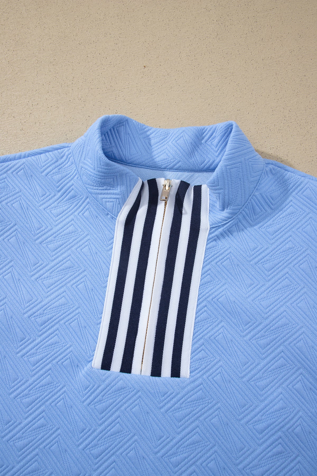 Myosotis Stylish Textured Stripe Trim Split Neck Puff Sleeve Top