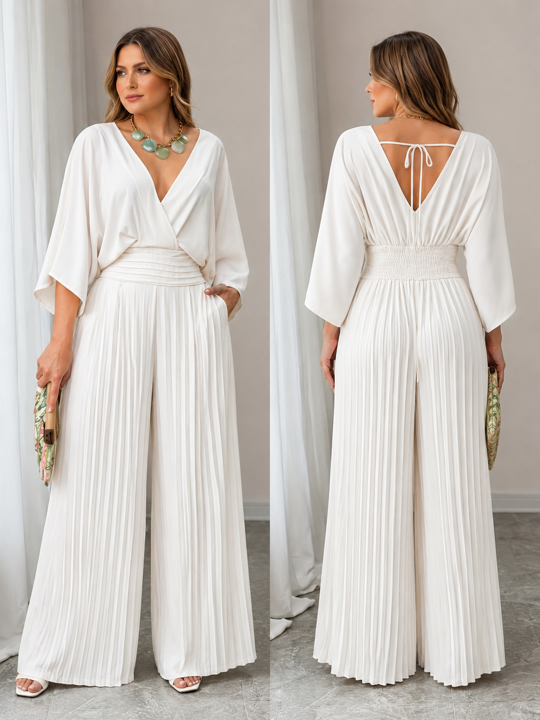 Surplice Pleated Wide Leg Jumpsuit