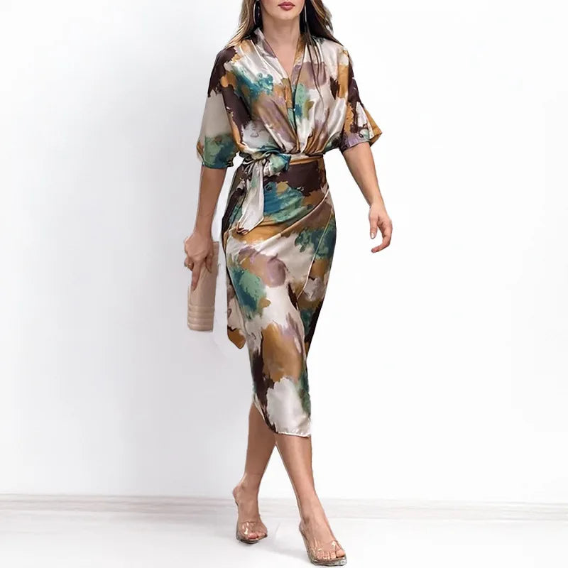 Women's Maxi Dress Summer Casual Office Solid Short Sleeve V Neck Waist Length With Belt Tie Up Slit Party Dresses