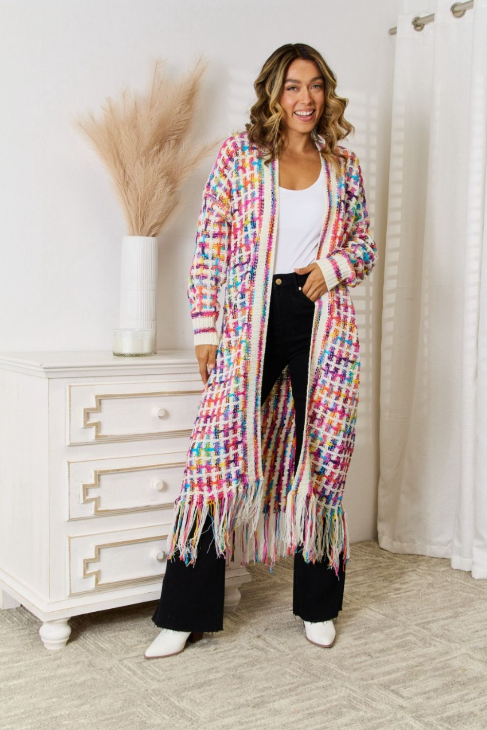 Multicolored Open Front Fringe Hem Cardigan -  Nueva Moda Boutique By Giselly 