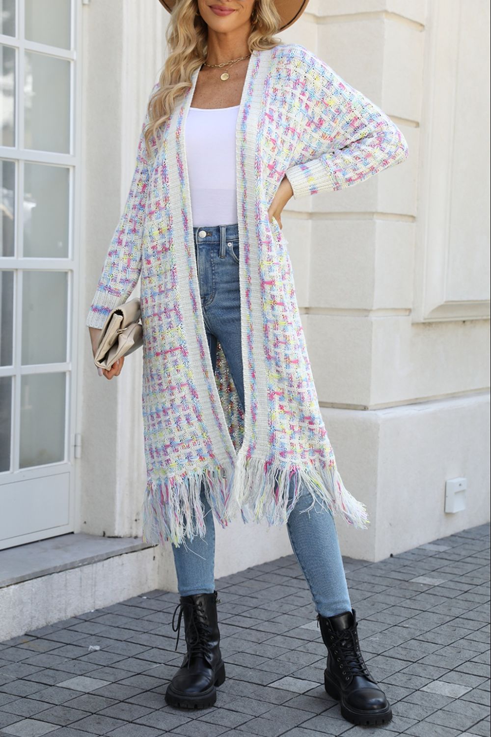 Multicolored Open Front Fringe Hem Cardigan -  Nueva Moda Boutique By Giselly 