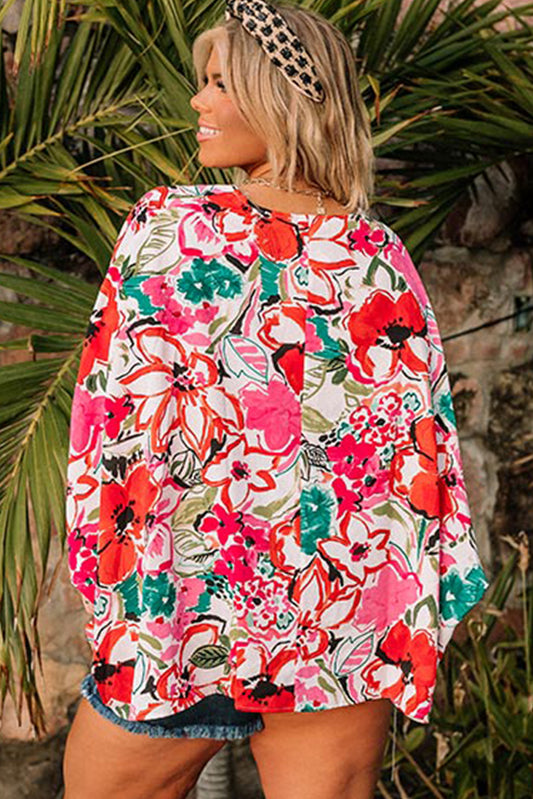 Rose Plus Size Floral Print Boho Kimono Sleeve Shirt -  Nueva Moda Boutique By Giselly 