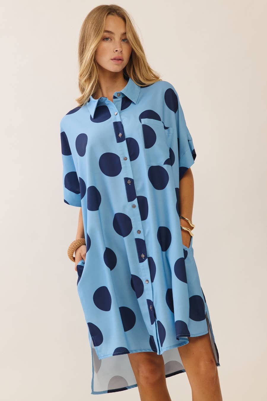 Oddi - Plus Short Sleeve Polka Dot Button-down Dress Shirt