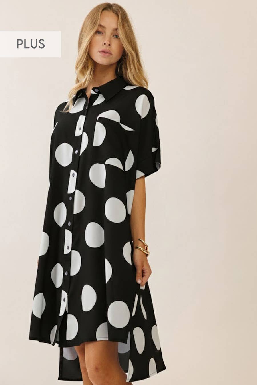 Oddi - Plus Short Sleeve Polka Dot Button-down Dress Shirt
