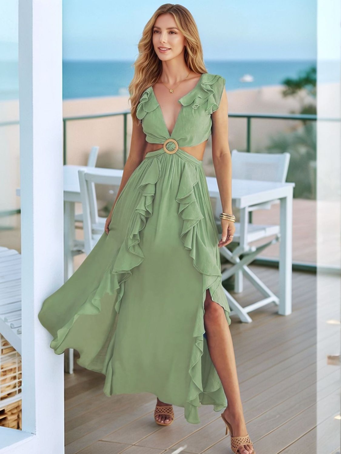 Cutout Ruffled Cap Sleeve Maxi Dress  Nueva Moda Boutique By Giselly