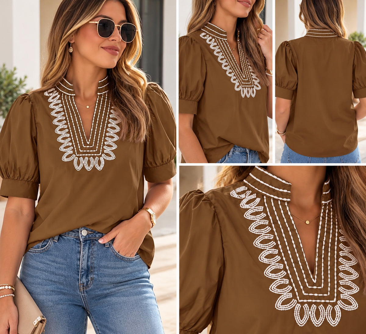 Blusa marrón bordada en blanco, disponible en Nueva Moda Boutique