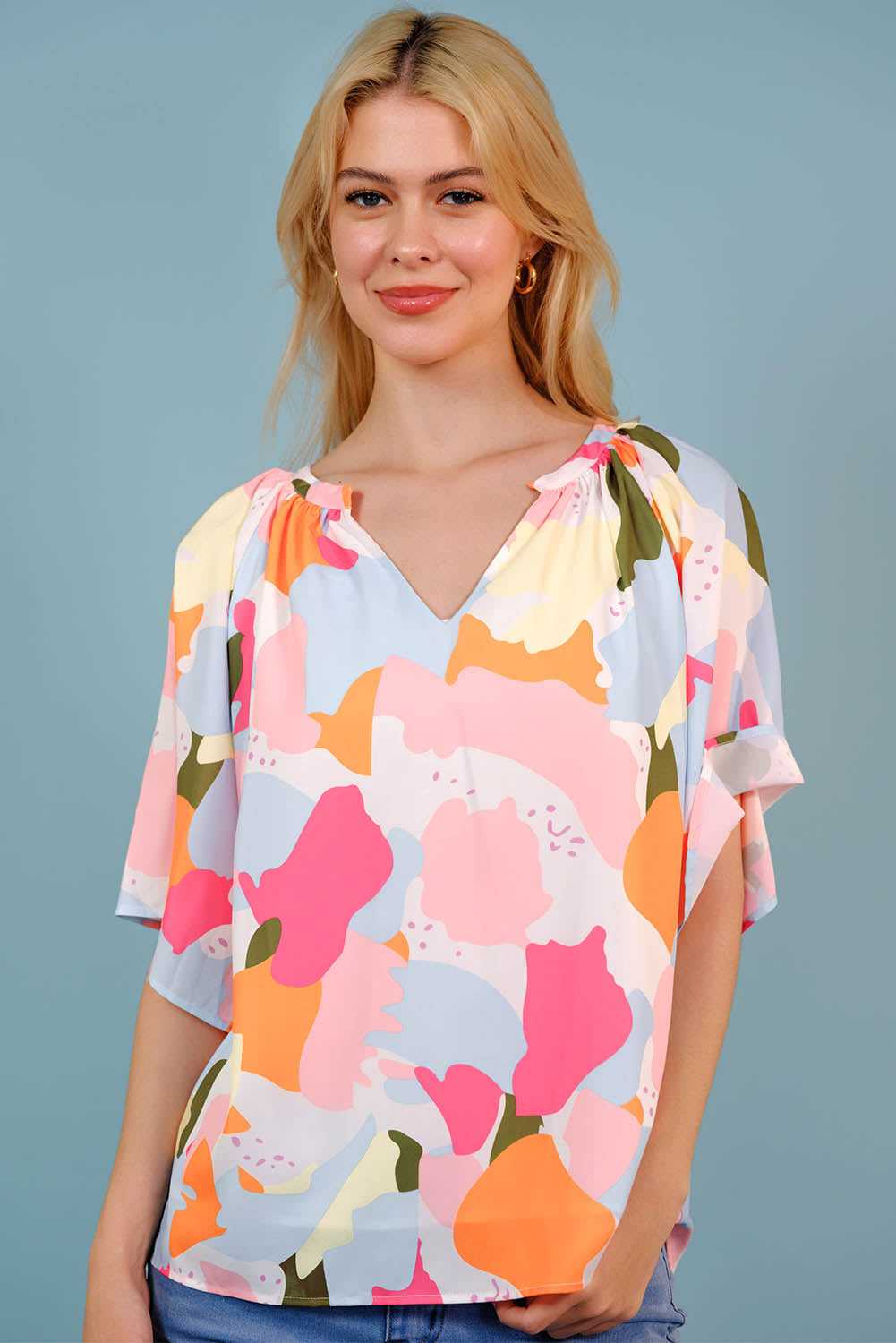 Printed Notched Neck Half Sleeve Blouse -  Nueva Moda Boutique By Giselly 