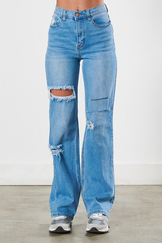 Distressed Wide Leg Jeans -  Nueva Moda Boutique By Giselly 