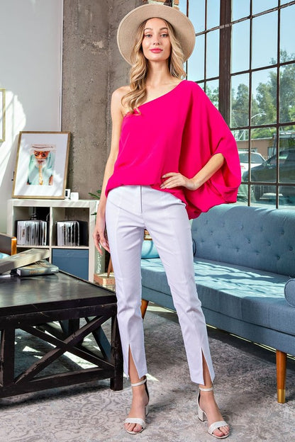SOLID ONE SHOULDER DOLMAN SLEEVE TOP -  Nueva Moda Boutique By Giselly 