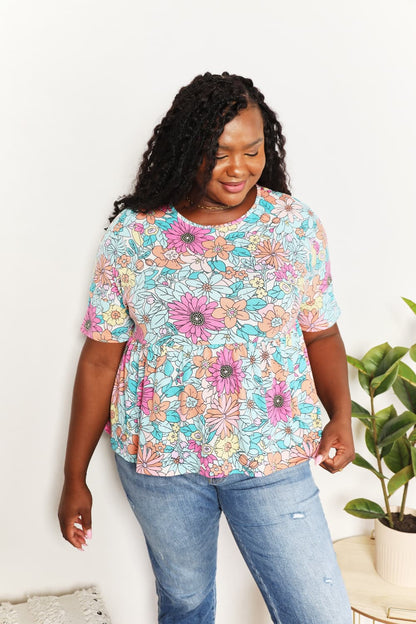 Double Take Floral Round Neck Babydoll Top -  Nueva Moda Boutique By Giselly 