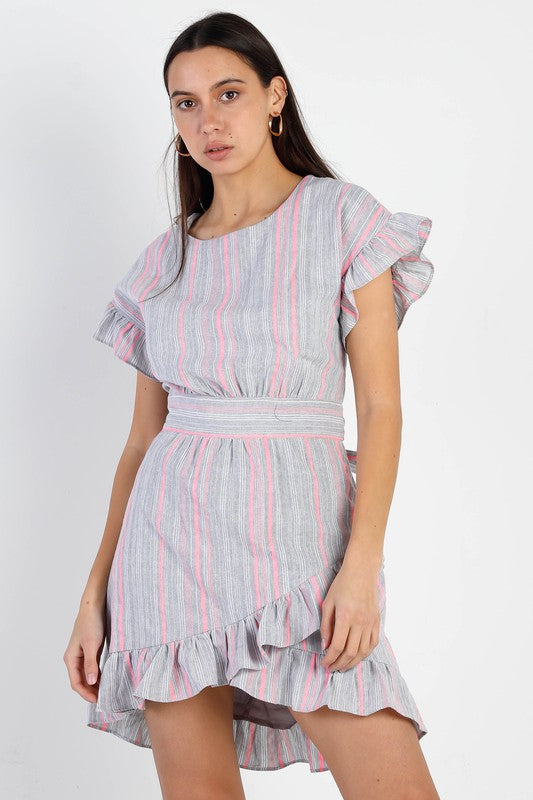 Stripped Ruffle Sleeve Asymmetrical Hem Mini Dress -  Nueva Moda Boutique By Giselly 