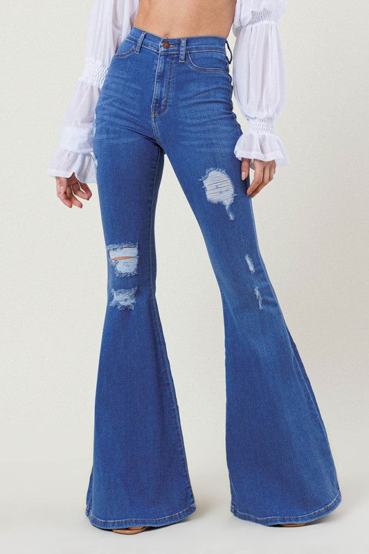 VIBRANT MIU HIGH RISE DISTRESSED FLARE -  Nueva Moda Boutique By Giselly 