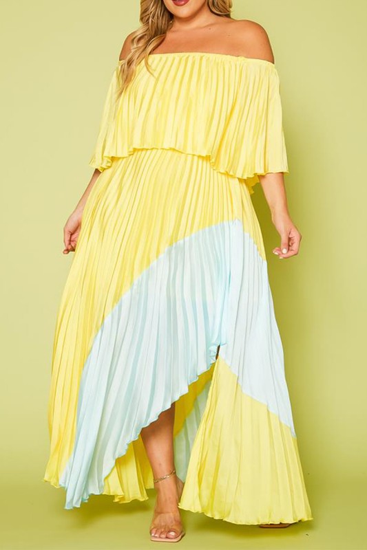 Plus Size Two Tone Pleated Asymmetrical Maxi Dress -  Nueva Moda Boutique By Giselly 