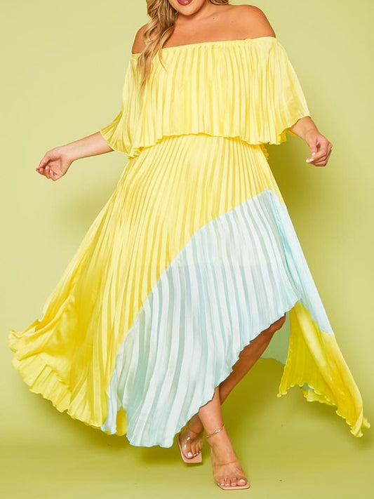 Plus Size Two Tone Pleated Asymmetrical Maxi Dress -  Nueva Moda Boutique By Giselly 