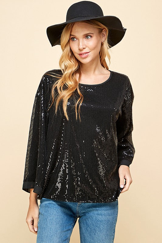SOLID SEQUIN ROUND NECK TOP -  Nueva Moda Boutique By Giselly 
