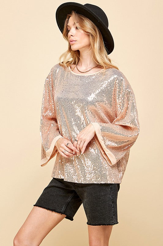 SOLID SEQUIN ROUND NECK TOP -  Nueva Moda Boutique By Giselly 