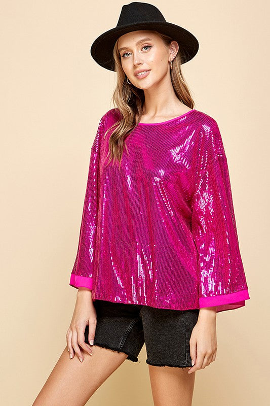 SOLID SEQUIN ROUND NECK TOP -  Nueva Moda Boutique By Giselly 