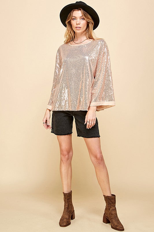 SOLID SEQUIN ROUND NECK TOP -  Nueva Moda Boutique By Giselly 
