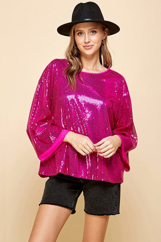 SOLID SEQUIN ROUND NECK TOP -  Nueva Moda Boutique By Giselly 