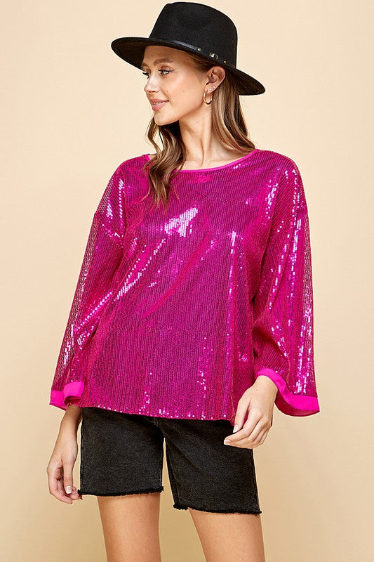 SOLID SEQUIN ROUND NECK TOP -  Nueva Moda Boutique By Giselly 