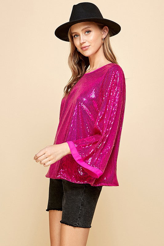 SOLID SEQUIN ROUND NECK TOP -  Nueva Moda Boutique By Giselly 